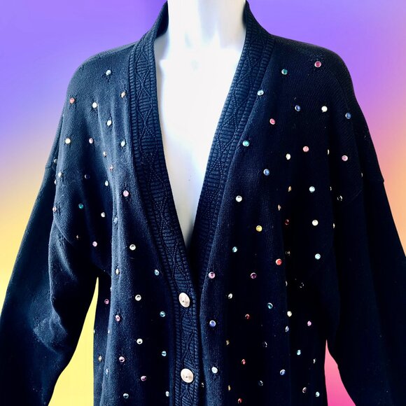 DONYA Z NEW YORK Vintage 80's Black Cardigan Sweater BLING - Picture 7 of 14